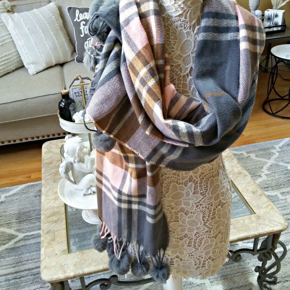 NWOT! POM POM Plaid WRAP SCARF So PRETTY!!